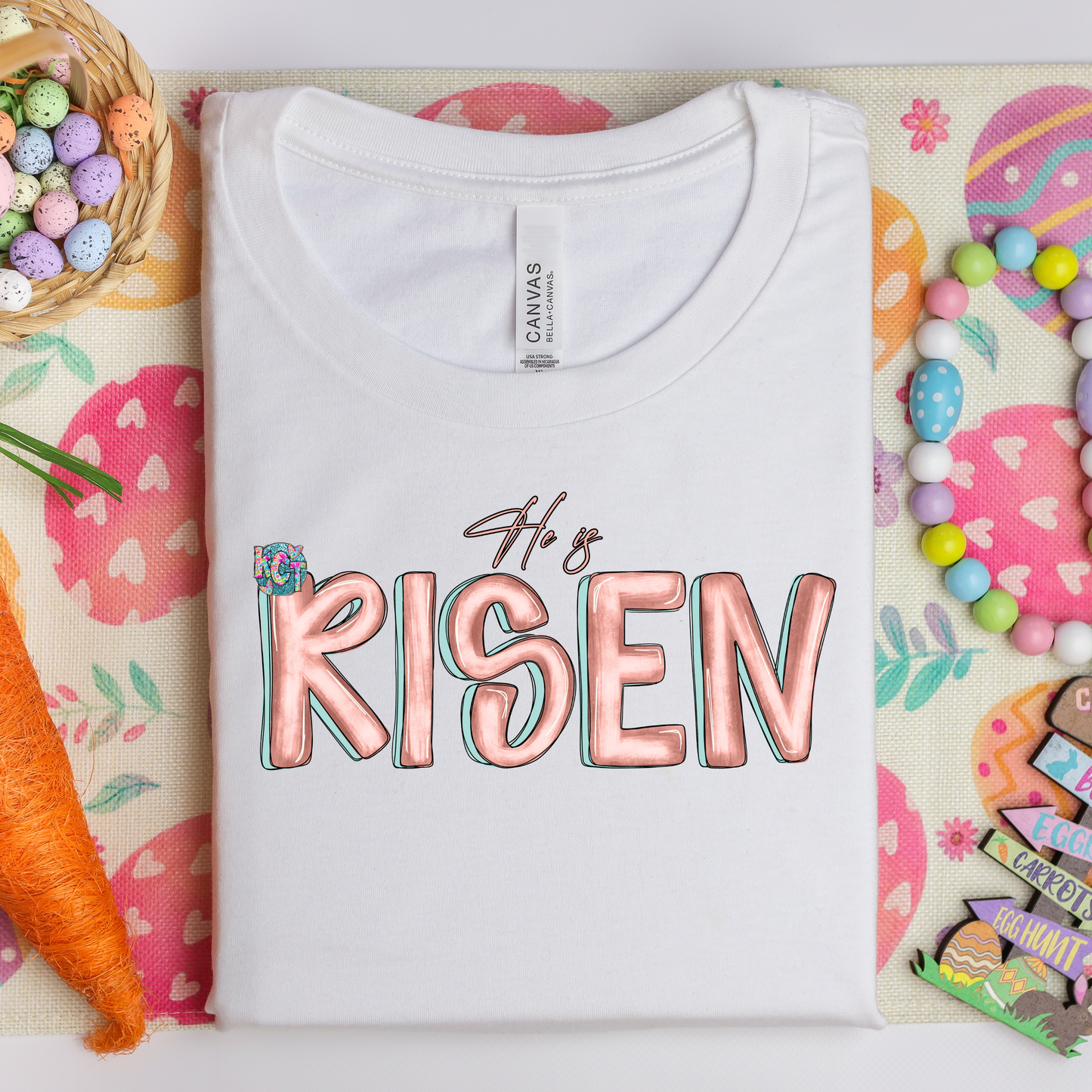 He is Risen Coral and blue DTF