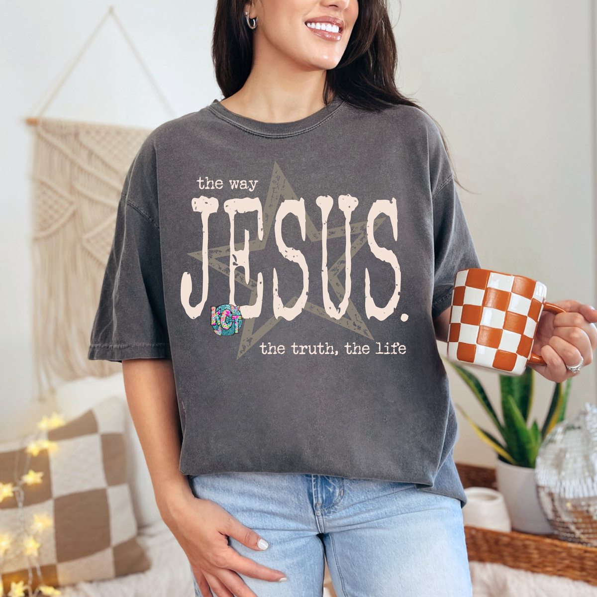 this way Jesus white lettering DTF