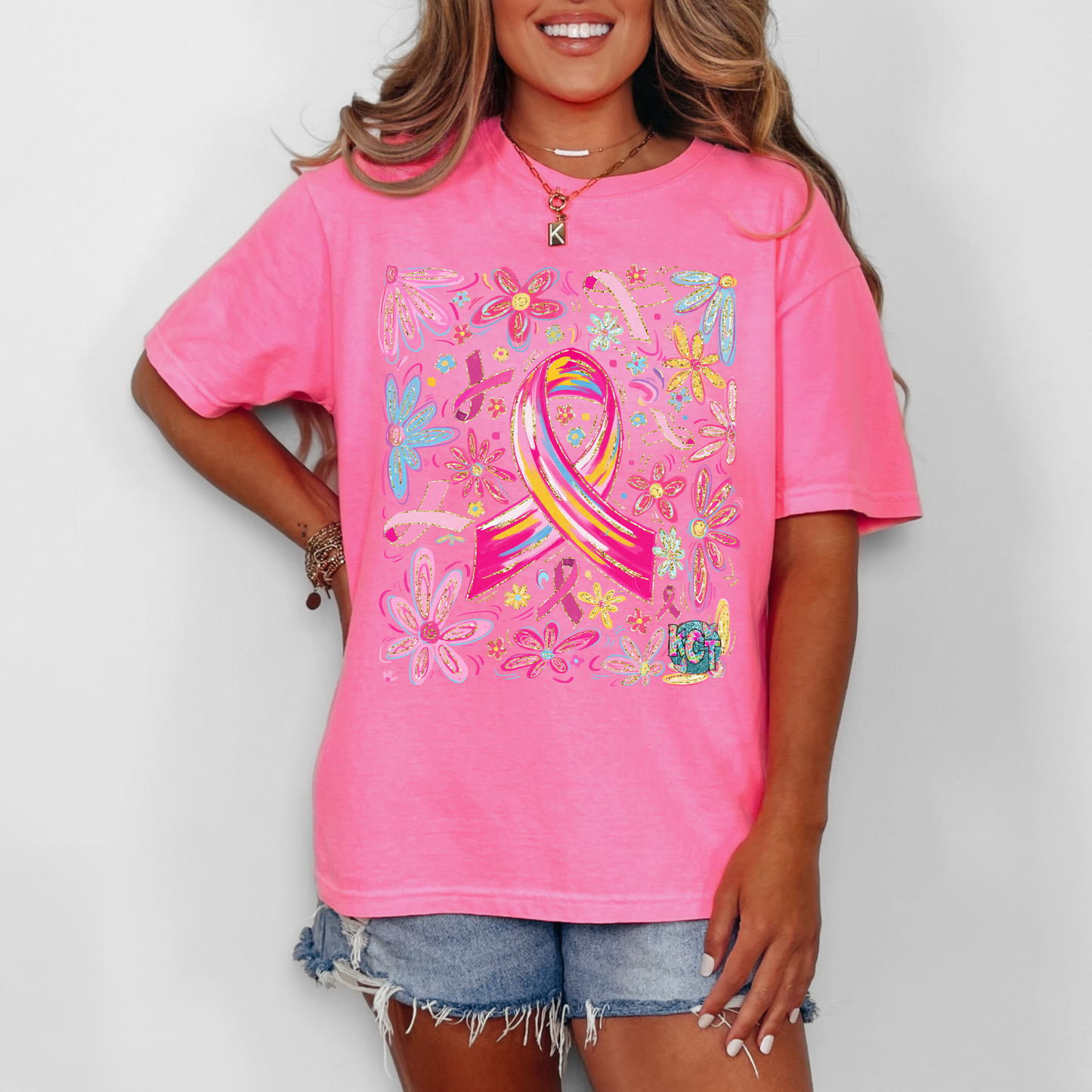 Breast Cancer Ribbon and Flowers DTF