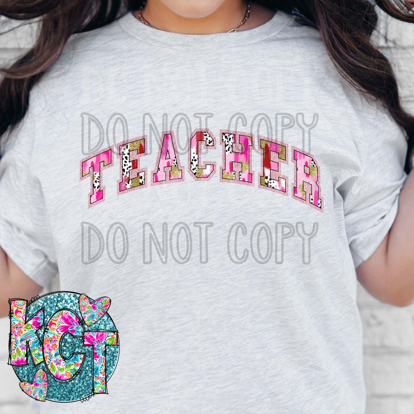 Teacher Varsity pink brushstroke DTF