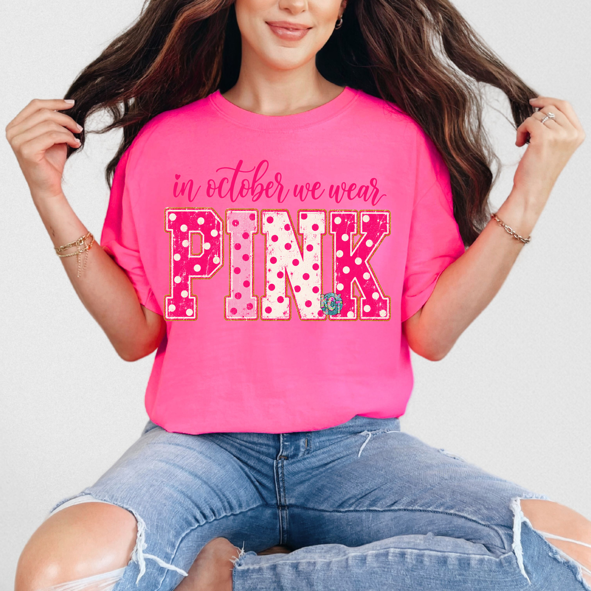In October we wear pink Polka dots DTF