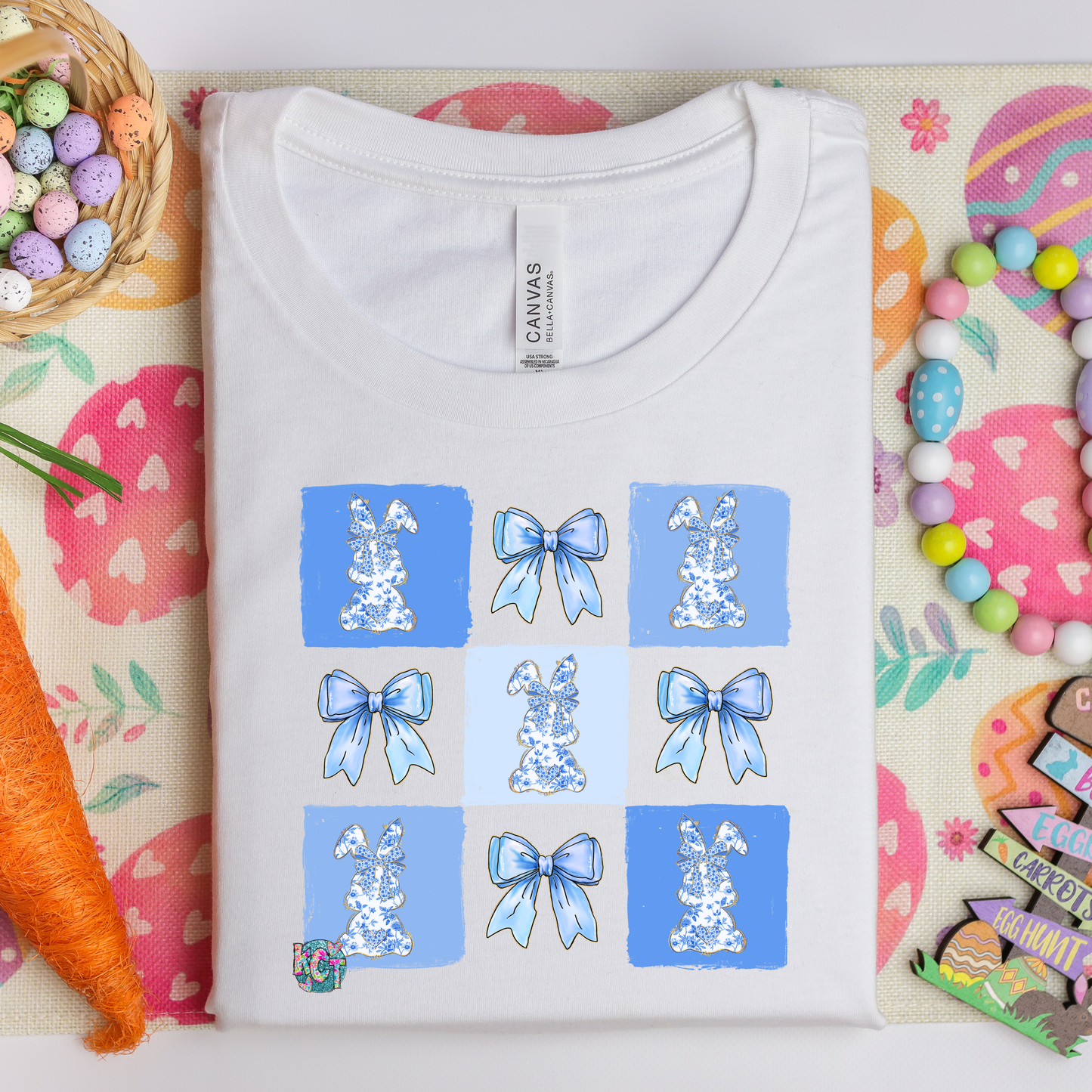 Pastel Blue Checkerboard bunny and bows DTF