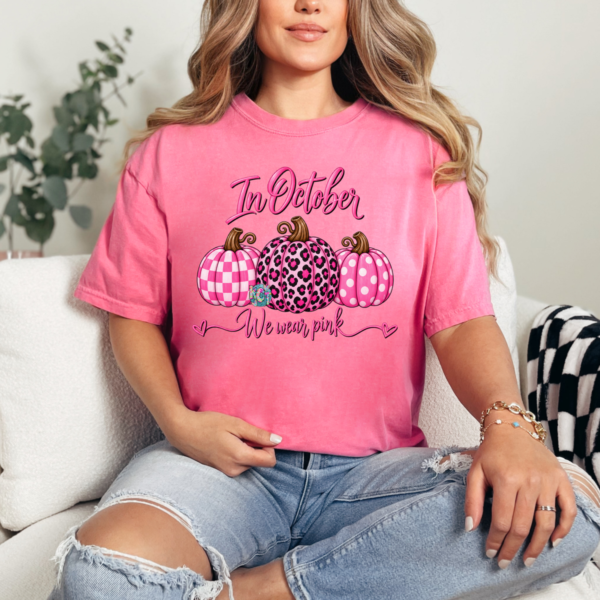 In October we wear pink with Pumpkins DTF