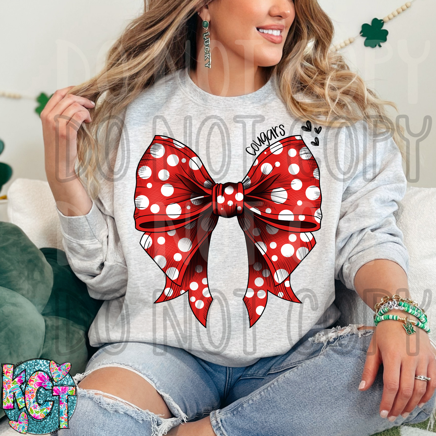 Cougars Bow Red with White Polka Dots DTF