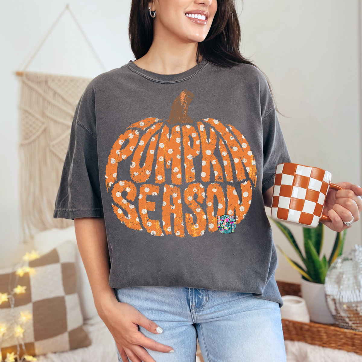 pumpkin season with white polka dots DTF