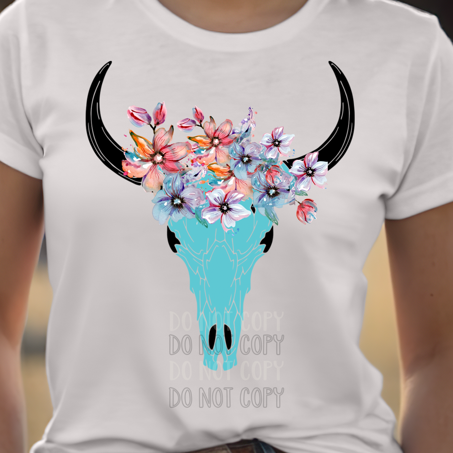 Blue Cow skull with flowers Dtf