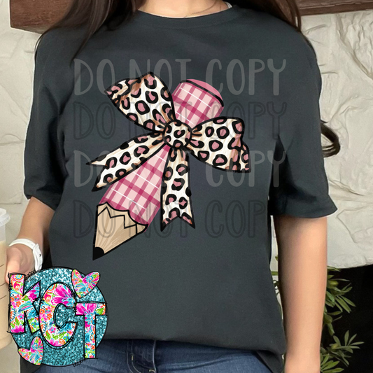 Pencil Pink Leopard Bow DTF