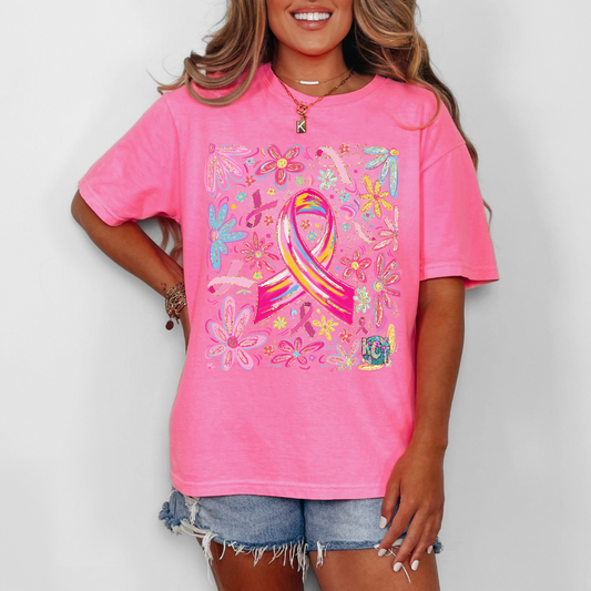 Breast Cancer Ribbon and Flowers DTF