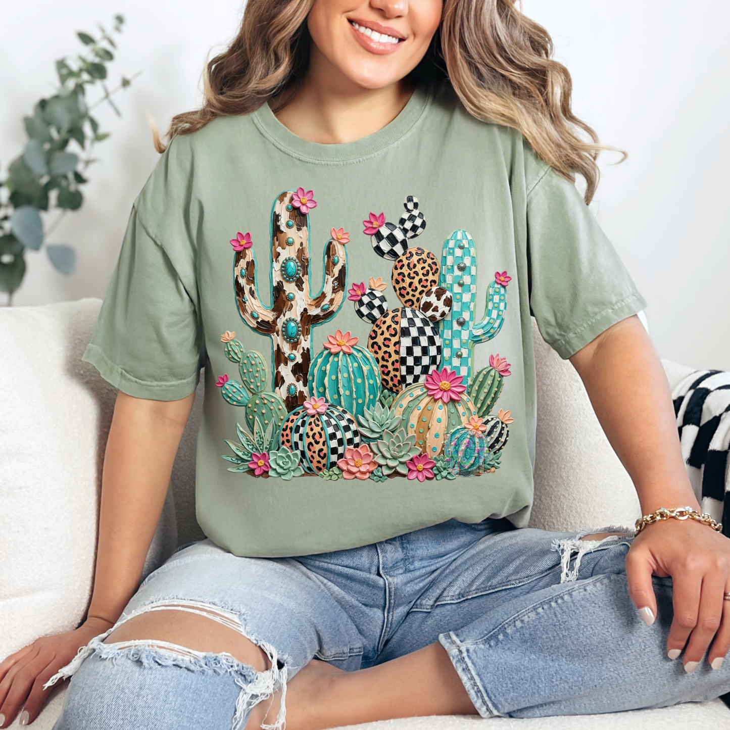 checkered cheetah cactus DTF