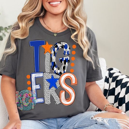 Stars and Dots Mascot Tigers Blue and Orange Dtf