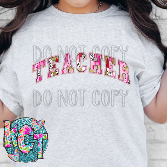 Teacher Varsity pink brushstroke DTF