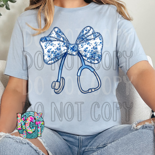 Blue Nurse Floral Bow DTF