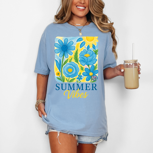 summer vibes with blue and yellow flowers DTF