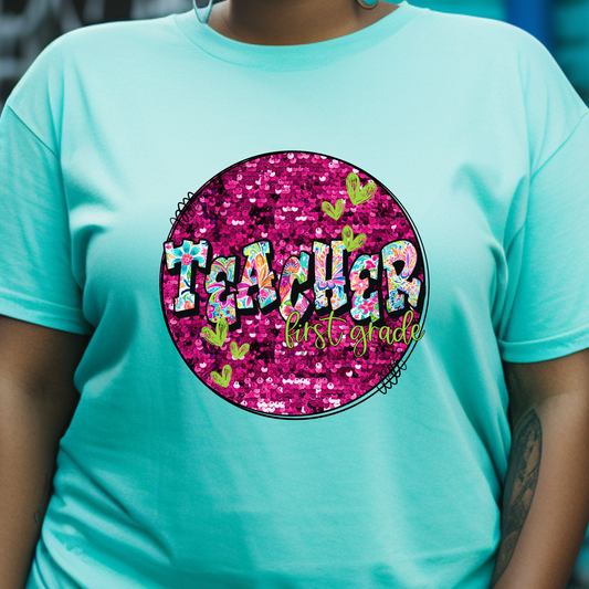 Teacher Doodle Pink Glitter Dtf