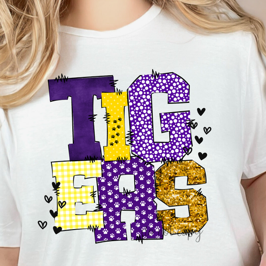 Tigers Doodle Purple and Gold Dtf