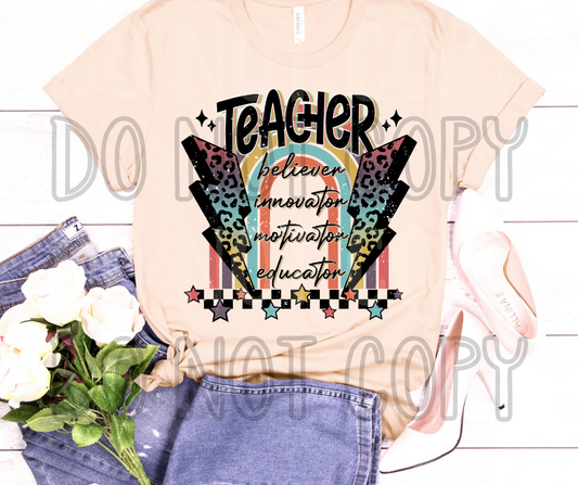 Teacher multi color leopard lightening bolts Dtf