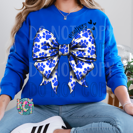 Panthers White Bow with Blue Pawprints