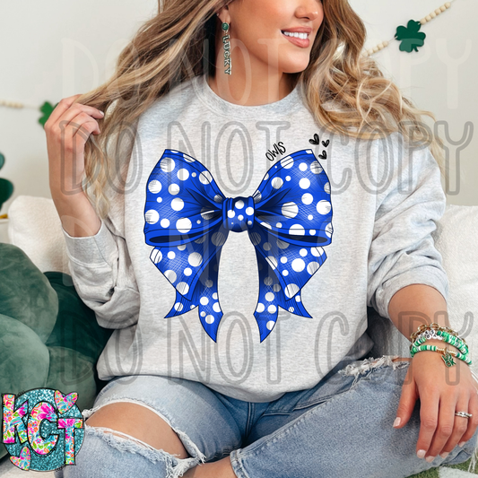 Owls Bow Blue with White Polka Dots DTF