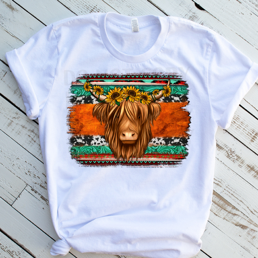 Highland Cow (Turquoise and cow print background)  DTF